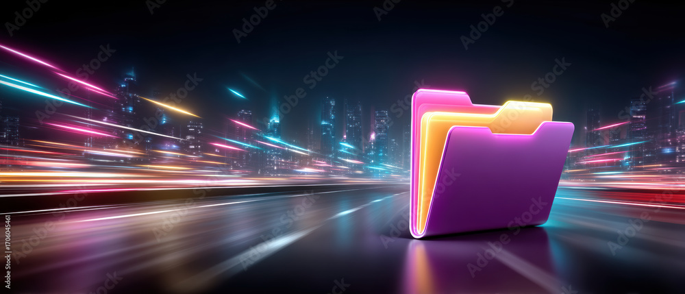 Poster neon folder icon on futuristic city road with glowing data stream and organized digital folder servi