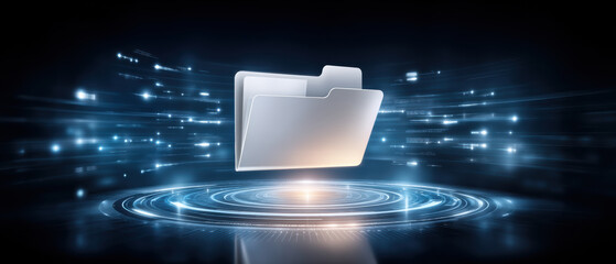 Digital folder and data transfer concept with glowing network lights and circular virtual interface conveying secure cloud storage and fast