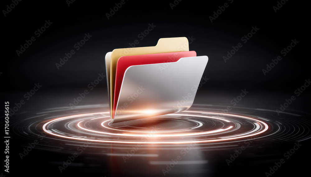 Poster folder data visualization with colorful folder icon floating above circular data rings evoking secur