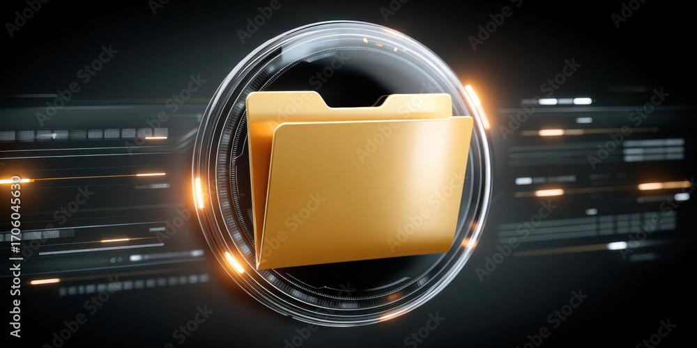 Poster folder and data icon glowing futuristic interface representing digital document management and secur