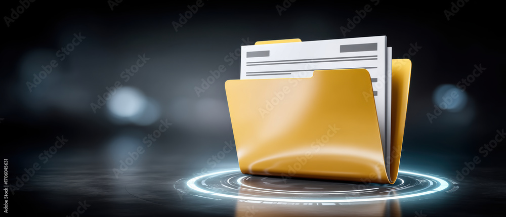 Poster yellow folder with document paper and glowing data ring symbolizing organized digital data and secur