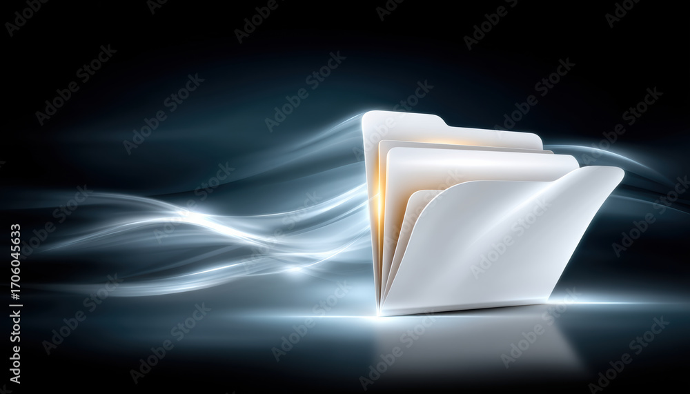 Poster modern glowing folder with flowing data light trail and soft glow conveying organized digital storag