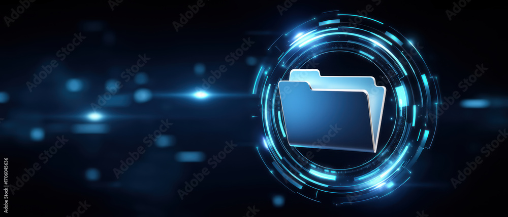 Poster digital folder icon surrounded by glowing data circuit rings and futuristic network lights conveying