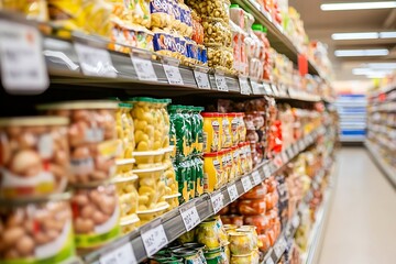 Fototapeta premium Grocery Store Shelf Jars, Cans, and Bags of Food Products in Aisle View