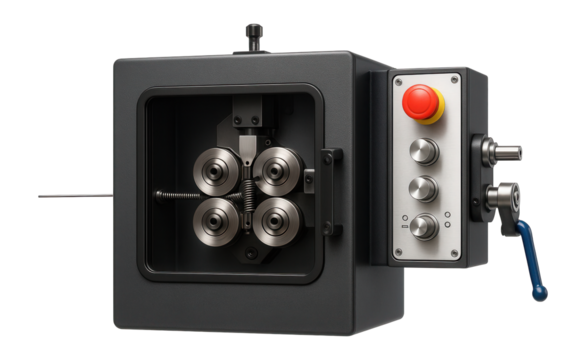 Spring coiling machine with a side-mounted control panel and adjustable wire tension for diverse spring types in a mechanical components factory