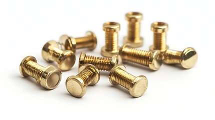 Group of Golden Binding Posts and Screws on a White Surface Close Up