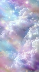 A fantastical cloudscape of fluffy white clouds with light rays and many sparkling stars in pastel pink, blue, and purple hues, vertically oriented
