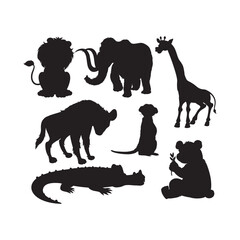 Set of Silhouette Wild Animals in Solid Black Vector Style for Wildlife, Jungle, and Safari Design