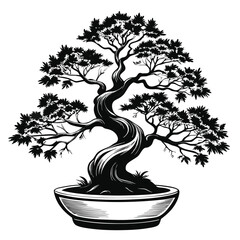 Monochrome Bonsai Tree Illustration Artistic Depiction of Nature's Elegance Minimalist Design Captivating Botanical Art