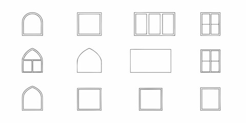 Collection of architectural window outline icons featuring various shapes and divisions for design and illustration