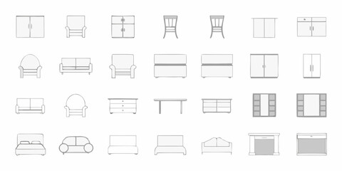 Collection of simple line art furniture icons for interior design and home decor concepts