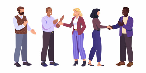 Diverse group of five business professionals in casual attire interacting and shaking hands on a white background