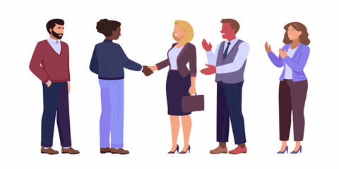 Obraz premium Diverse business professionals celebrating a successful deal with handshakes and applause in a modern office setting