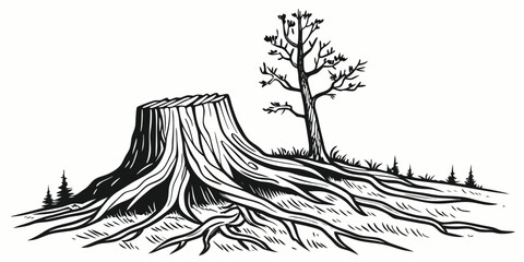 Monochrome Illustration of a Tree Stump and a Sapling