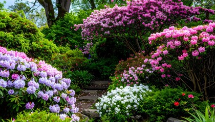 Lush garden path winds through vibrant, blooming rhododendrons of varying colors and shades