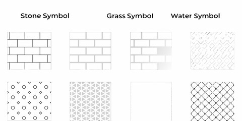 Collection of abstract symbols representing stone grass and water textures in a grid layout