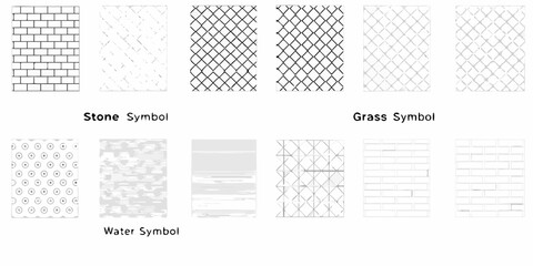 Collection of hand drawn texture symbols representing stone grass and water for design and illustration