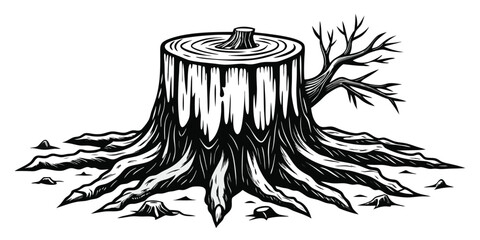 Stylized Woodcut Illustration of a Tree Stump with Bare Branch and Root Outgrowths
