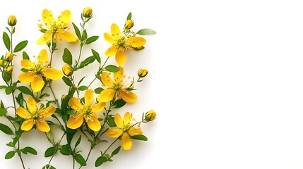 Obraz premium Hypericum Perforatum Flowers and Buds, Green Leaves on a White Background, Still Life