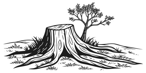 Monochrome Tree Stump with Growing Sapling Vector Illustration