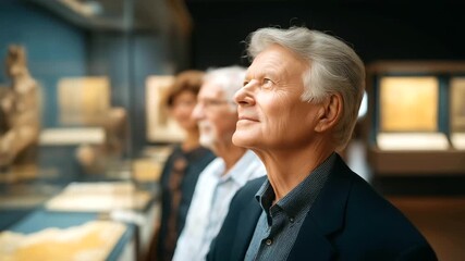 A group of retirees attends a history lecture in a museum with artifacts slideshows and ancient maps displayed rendered in a scholarly photo with exhibit details attentive