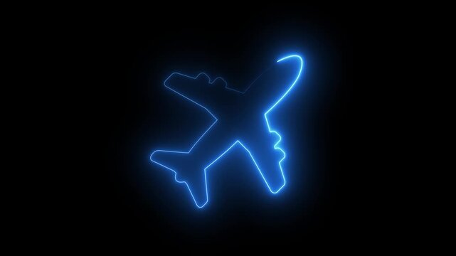Abstract neon airplane icon animation. Neon plane icon animation on black background.Glowing neon Simple plane icon, flay icon animation concept,Airplane flight neon sign.4k video
