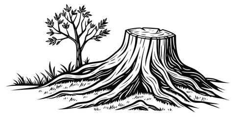 Woodcut Style Illustration of a Tree Stump and a Small Tree with Leaves