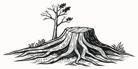 Detailed Woodcut Style Image of Tree Stump and Sapling a Study in Contrasts