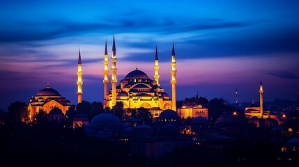 Illuminated Istanbul Majestic Mosques and Minarets at Twilight, Featuring Blue and Yellow Hues
