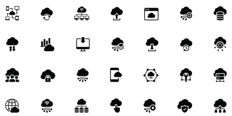 Cloud service & computing solid icon set. Features data storage, network, server, sync, transfer, software, data security, and hosting symbols. Professional, minimal vector collection perfect for tech