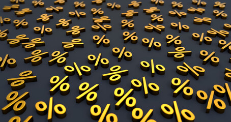 Golden shiny percent signs. Business, sales, retail marketing, percentage symbol, discount. 3D illustration