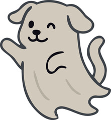 dog dressed as a ghost, winking playfully with a happy expression and a wagging tail, designed in a light beige Halloween style.