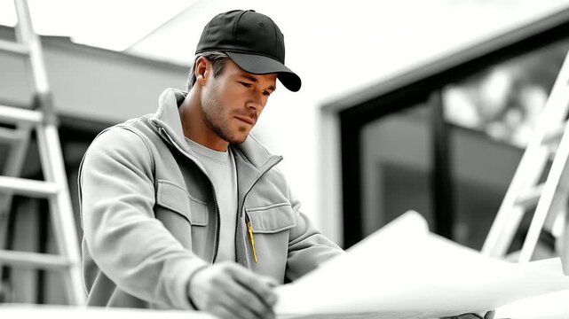 A homeowner their hands nervous signs a repair contract on a porch the table&rsquo;s wood splintered. A roofer their cap askew points to a blueprint its paper creased. A ladder lea