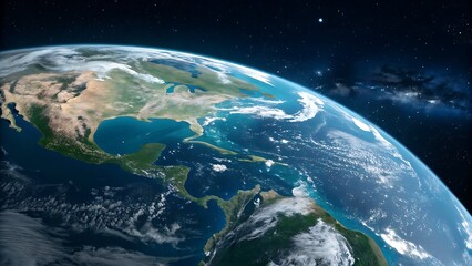 Spectacular View of Planet Earth from Space Featuring Continents, Oceans, Clouds, and a Dazzling Starry Night Sky