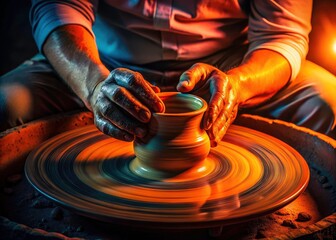 Low Light Pottery Wheel Closeup: Ceramist Hands Shaping White Clay