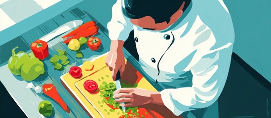 Chef Preparing Fresh Vegetables on Cutting Board in Kitchen