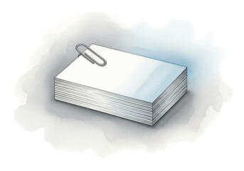 Artistic watercolor illustration of a stack of blank white index cards fastened with a silver paperclip for business or study notes