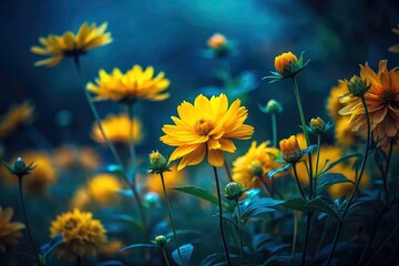 Low Light Summer Flowers Photography - Vibrant Yellow Blooms in Lush Green Nature