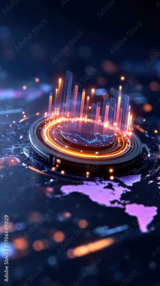 Poster A vibrant digital representation of data visualization, showcasing dynamic bar graphs over a map, symbolizing technology and analytics.