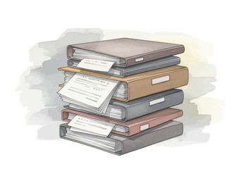 Watercolor illustration of a large stack of office binders filled with documents and paperwork, representing organization and bureaucracy