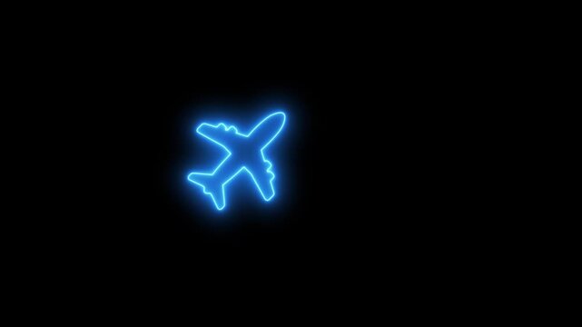 Abstract neon airplane icon animation. Neon plane icon animation on black background.Glowing neon Simple plane icon, flay icon animation concept,Airplane flight neon sign.4k video