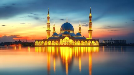 Naklejka premium Illuminated Mosque Reflecting on Calm Water Surface at Sunset, Islamic Architecture
