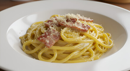 Plate of Classic Spaghetti Carbonara with Bacon and Parmesan Cheese on White Dish