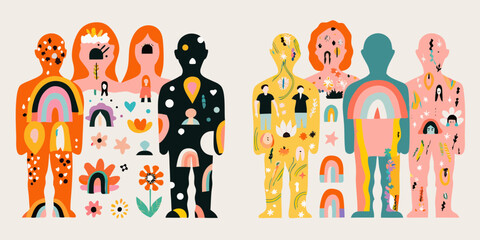 Diverse group of people with colorful abstract patterns and symbols representing individuality and connection