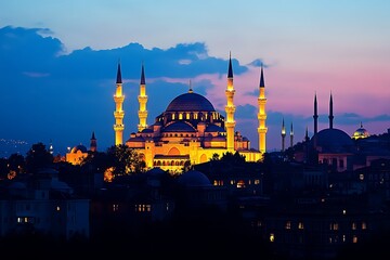 Illuminated Suleymaniye Mosque at Twilight Over Istanbul Skyline a Majestic Nightscape View