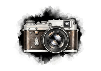Artistic illustration of a classic retro camera with a dark watercolor splash effect, symbolizing the hobby of vintage photography