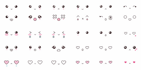 Collection of cute kawaii cartoon faces and emotions for design and illustration