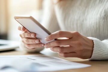 Young woman managing bills on mobile banking app
