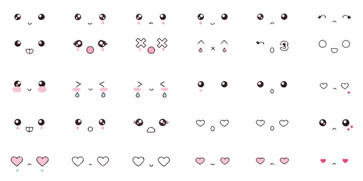 Collection of cute kawaii cartoon faces and emotions for design and illustration