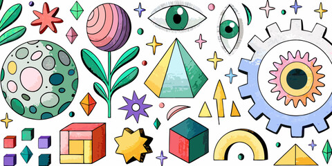 Whimsical cosmic and geometric elements with eyes and gears
